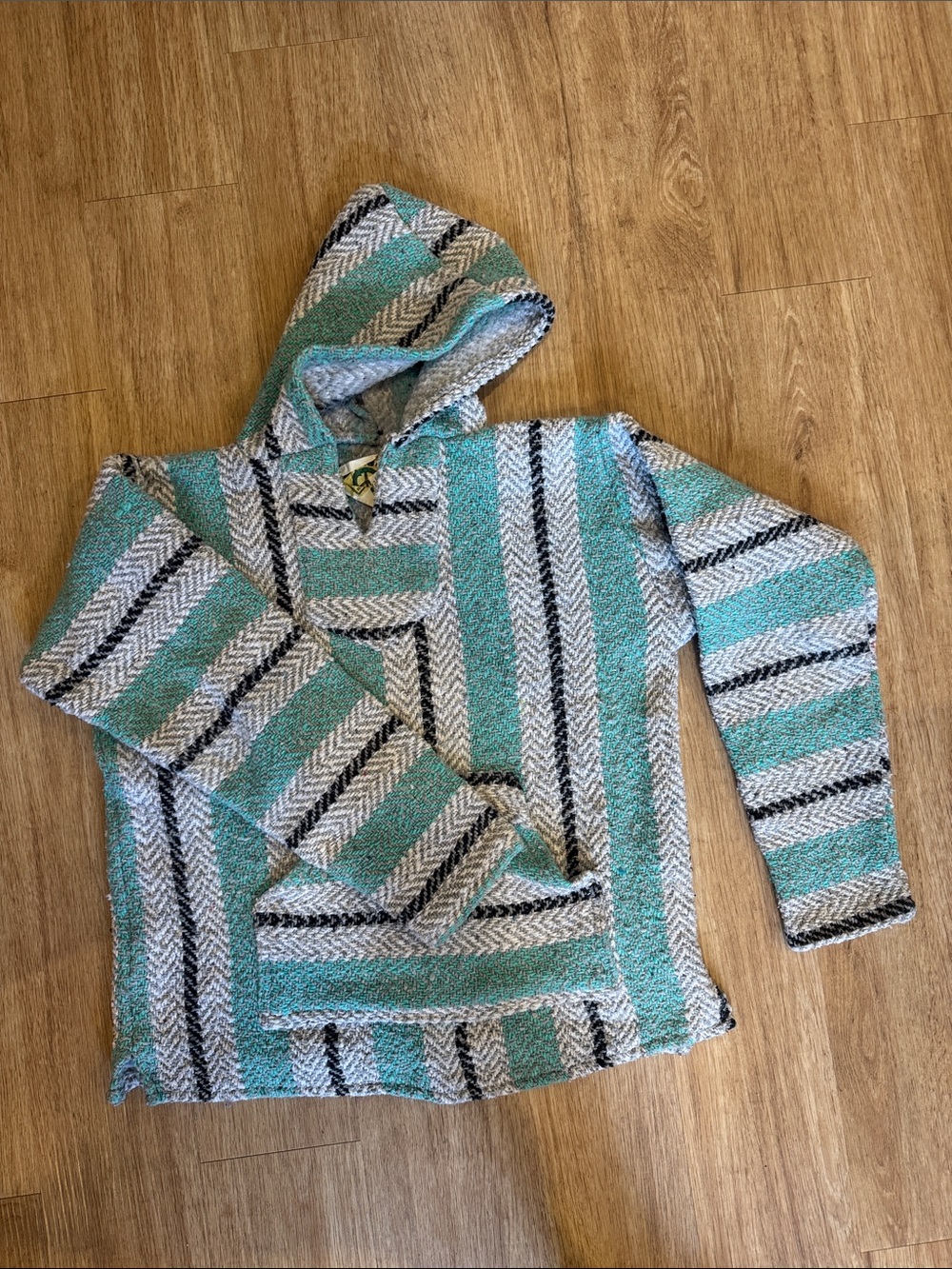 Striped Hooded Baja hoodie in Teal and Cream